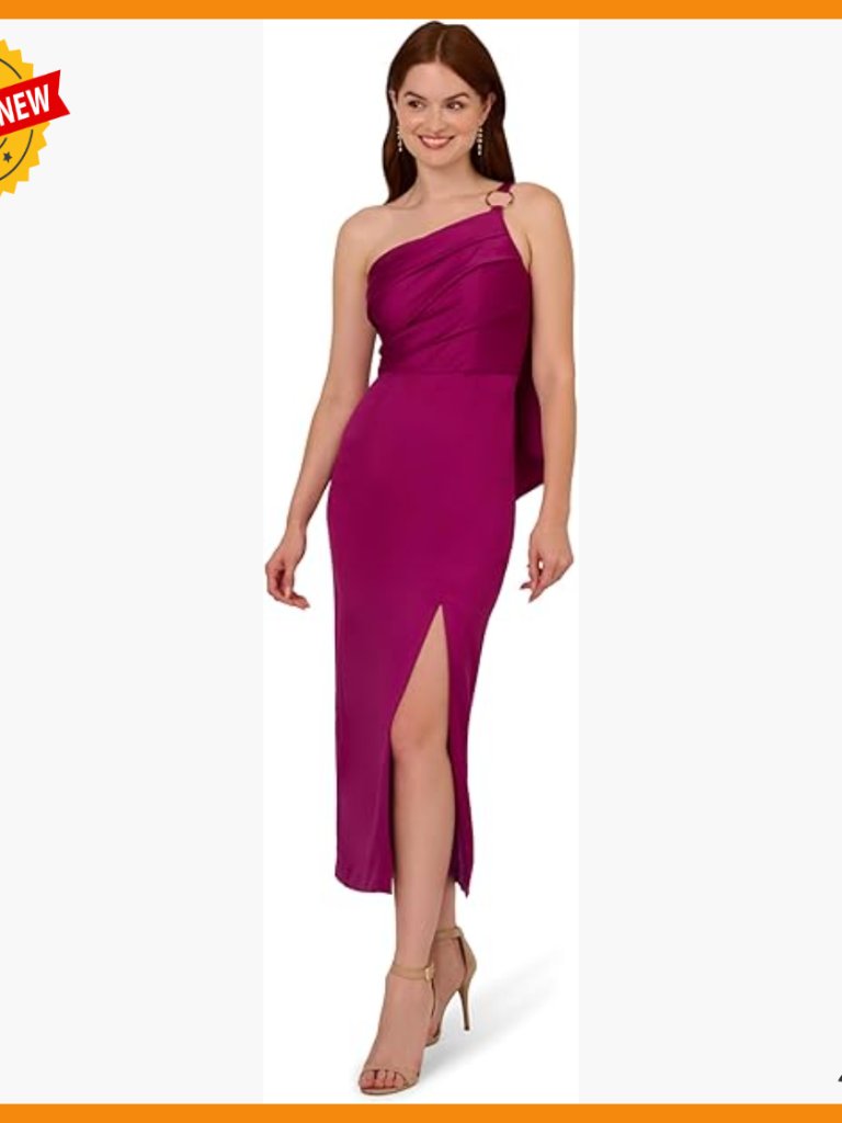 One Shoulder Formal Evening Gown Satin Crepe Column Dress Side Slit